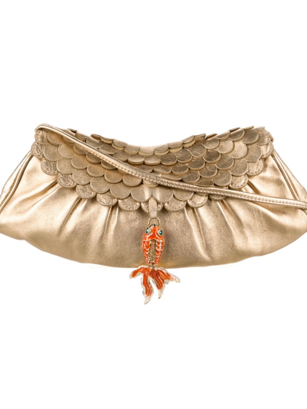 Gold Scalloped Leather Crossbody Clutch with Fish Charm